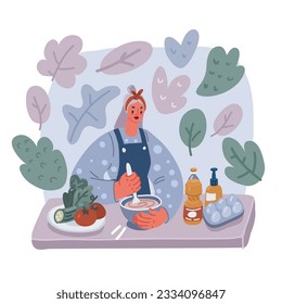 Ilustración vectorial de la joven cocinando. Cocina casera en la cocina