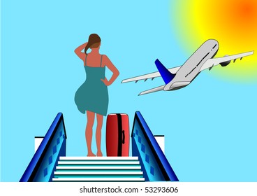 Vector illustration of young woman leaving  with airplane for her vacation watching a plane taking off against the  sun