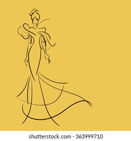 Vector illustration of young woman in long dress made in line hand drawn style.  Vector template for invitation card business card and banner