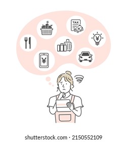 Vector illustration of a young woman looking at a bankbook and worried about money ( inflation )