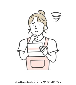 Vector illustration of a young woman looking at a bankbook and worried about money ( inflation )