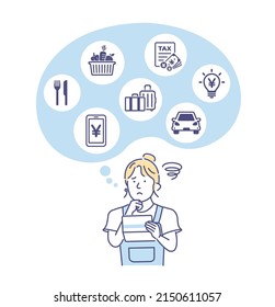 Vector illustration of a young woman looking at a bankbook and worried about money ( inflation )