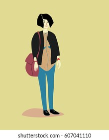 Vector illustration of a young woman with a lousy big bag