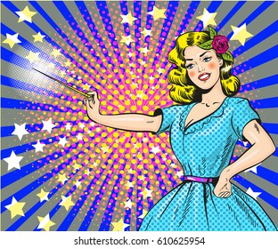 Vector illustration of young woman with magic wand. Beautiful girl looking like a fairy in retro pop art comic style.