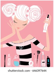 Vector illustration of a young woman making hairstyle. Beauty products on the table. Aries girl horoscope sign.
