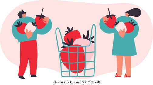 Vector illustration with young woman, man holding huge fruit Strawberry. Fruit lover concept. Funny colored typography poster, apparel print design, bar menu decoration. Isolated. EPS 10. Cartoon art.