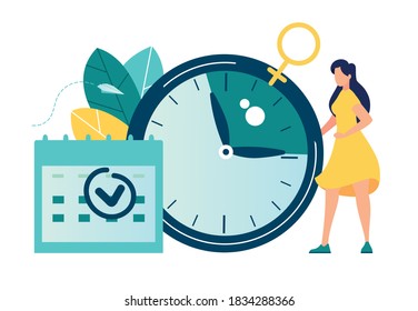 Vector Illustration, Young Woman Marks The Date Of Her Period In The Online Calendar. App For Tracking Menstrual Cycle And Ovulation, Delayed Menstruation