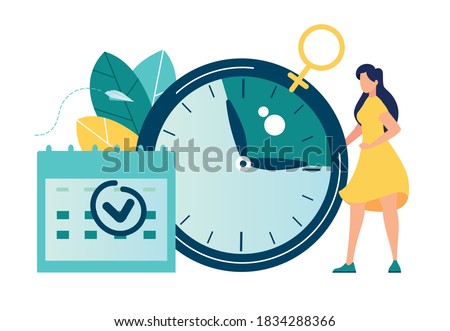 Vector illustration, Young woman marks the date of her period in the online calendar. App for tracking menstrual cycle and ovulation, delayed menstruation