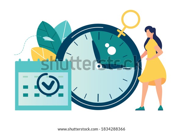 Vector illustration, Young woman\
marks the date of her period in the online calendar. App for\
tracking menstrual cycle and ovulation, delayed\
menstruation