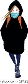 vector illustration of young woman in mask walking isolated