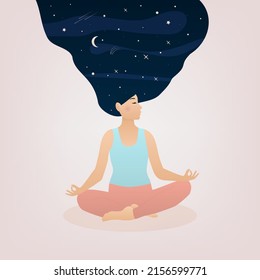 vector illustration of a young woman meditating in the lotus position, a state of nirvana. the concept of spiritual practice, work with the subconscious, connection with the universe, space