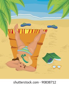 Vector illustration of a young woman napping on the beach under palm tree leaves