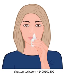 Vector illustration of a young woman with a nasal drops (spray) in her hand. Healing of runny nose. Close up view. For advertising and medical publications. EPS 10.