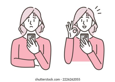 Vector illustration of a young woman with negative and positive expression looking at a smartphone