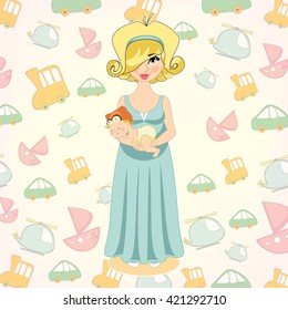 Vector illustration of a young woman with a newborn baby in her arms, the background of children's toys, helicopter, machine.