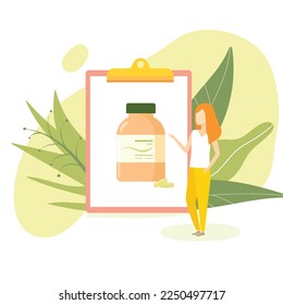 Vector illustration young woman nutritionist pointing at clipboard with bottle with dietary supplement. Healthy balanced diet vitamins minerals nutrition gut health concept