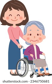 Vector illustration of young woman and old woman in wheelchair.