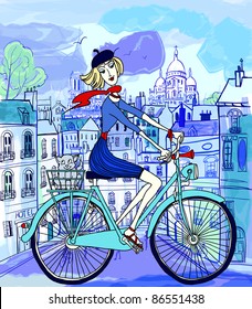 vector illustration of a young woman on a bicycle in Paris