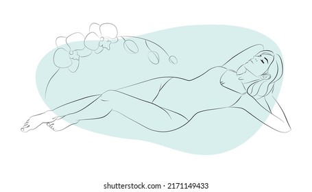 Vector illustration of a young woman in one-piece swimsuit with floral ornament and abstracts on the background
