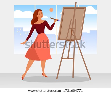 Vector illustration. Young woman paints. Oil, canvas, easel. Hobby. Artist at work. Attractive woman with brush. Colorful. Pastel colors.