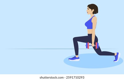 Vector illustration of a young woman performing lunges with dumbbells, promoting fitness, wellness, and a healthy lifestyle