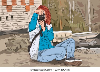 Vector illustration of young woman photographer taking photos using her digital camera