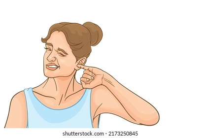 Vector illustration of young woman picking her ear with her finger or putting finger into her ear,itchy ear,ear problems,isolated on white,Auditory,Hygiene,cleanliness in the ear canal,ear care.