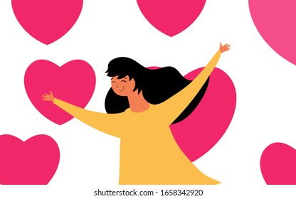 Vector illustration with young woman with pink heart. Love who you are and love yourself concept art. Body positive  psychology health print design