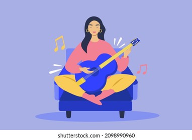 vector illustration - a young woman plays the guitar while sitting on an armchair. illustration in flat style
