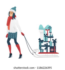 Vector illustration of young woman pulling sleigh with big stack of wrapped and decorated present boxes in cartoon gradient style - girl in winter clothes buying gifts for Christmas and New Year.