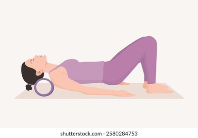 Vector illustration of young woman in purple outfit practicing yoga with yoga roll. Exercise to relieve neck pain and stretch neck muscles.