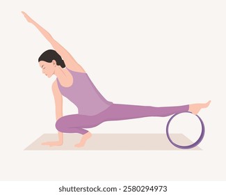 Vector illustration of young woman in purple outfit practicing yoga with yoga wheel. Half squat pose. Side bending stretch. Exercise for good posture, flexibility, balance and open hips.