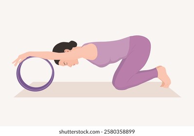 Vector illustration of young woman in purple sportswear practicing Balasana with yoga wheel. Young female doing child’s pose. Woman workout, fitness.Exercise for relaxation and stretching the low back