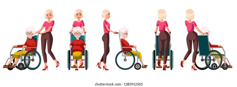 Vector illustration of young woman pushing wheelchair withelderly woman. Cartoon realistic people. Flat woman. Front, side, back views. Isometric view. Grandmother, old people with physical disability