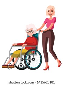 Vector illustration of young woman pushing wheelchair withelderly woman. Cartoon realistic people. Flat woman. Front view. Isometric view. Grandmother, old people with physical disability