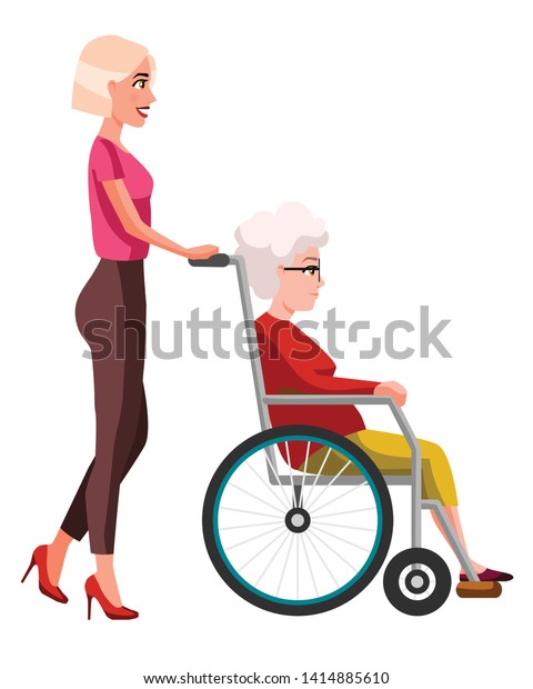 年配の女性が車椅子を押す若い女性のベクターイラスト 漫画のリアルな人 平凡な女性 側面図 身体障害を持つ老人の祖母 のベクター画像素材 ロイヤリティフリー