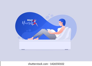 Vector illustration young woman is reading a book and dreaming. Concept illustration. 