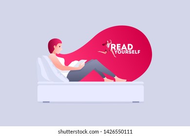 Vector illustration young woman is reading a book and dreaming. Concept illustration. 