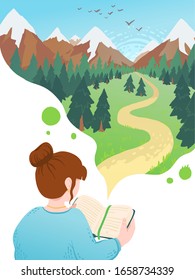 Vector illustration of young woman reading book, dreaming. Motivational literature fan. Colorful concept illustration of mountains landscape with fir trees and road.