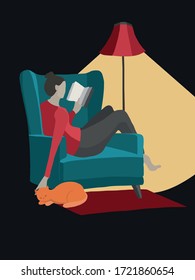 Vector illustration of a young woman reading a book in her chair at home with a cat
