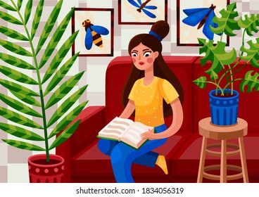 Vector illustration of young woman reading book on sofa at home in flat style. Bright coloring page with sitting woman and plants in cozy room