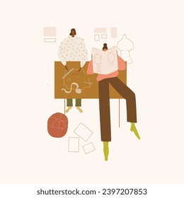 Vector illustration of a young woman reading a book while sitting on a sofa.
