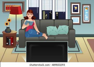 A vector illustration of a Young Woman Reading Book and Watching TV at Home