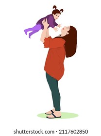 vector illustration of a young woman rejoicing and throwing a baby in her arms. The topic of motherhood and family