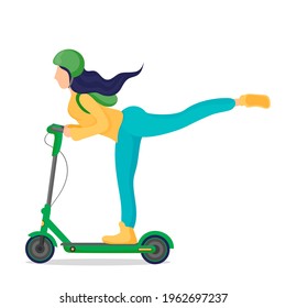 Vector illustration young woman rides with long hair and with raised leg, helmet on electronic scooter. Concept girl silhouette enjoys eco-friendly sport on white isolated background.