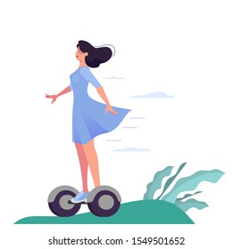 Vector illustration of young woman riding a segway. Happy girl using an urban electric scooter. Beautiful girl scating in the park