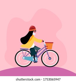 vector illustration of young woman riding a bicycle using a mask. keep a social distance when traveling and sports