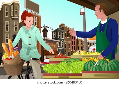 A Vector Illustration Of Young Woman Riding A Bike Shopping At A Farmers Market