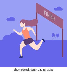 Vector illustration. young woman runners cross the finish line, marathon illustration. modern flat people character.