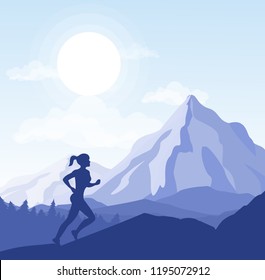 Vector illustration of young woman running in the mountains. Sport, health life concept, girl silhouette going to the top. Woman jogging, flat style.